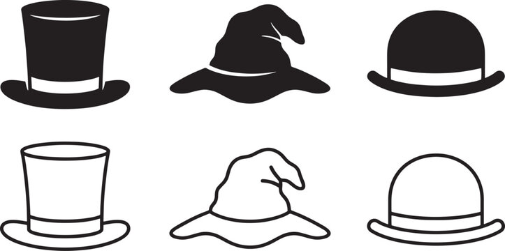 Black and white icons featuring top hats witch hats and bowler hats for design outlined vector eps 10 isolated