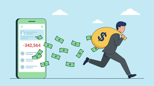 Financial Fraud Concept: Man Steals Money as Digital Funds Drain from Phone