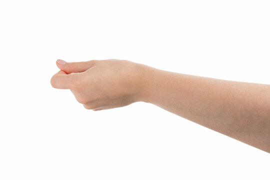 Young woman hand hold something flat like a card isolated on white background