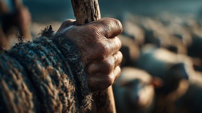 Close-up macro shot of rough, weathered hands firmly holding an ancient wooden walking staff or shepherd crook.