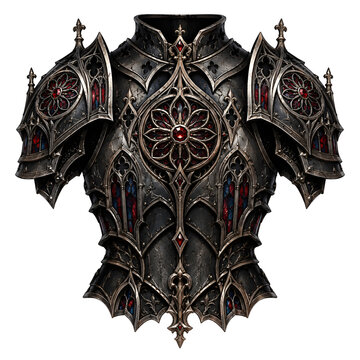 Fantasy gothic cathedral knight plate armor with rose window rosette, dark steel architecture, ruby gems, and pointed arch pauldrons isolated on white background   