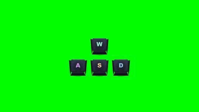 Tactile 3D mechanical keyboard WASD keycaps in an inverted-T layout performing realistic sequential gaming keystrokes, strafes, and tactile bottom-out.