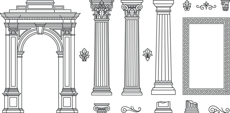 Classical Roman Architecture Line Art Icon Set with Triumphal Arch Antique Pillars Greek Columns and Meander Border Vector Designs