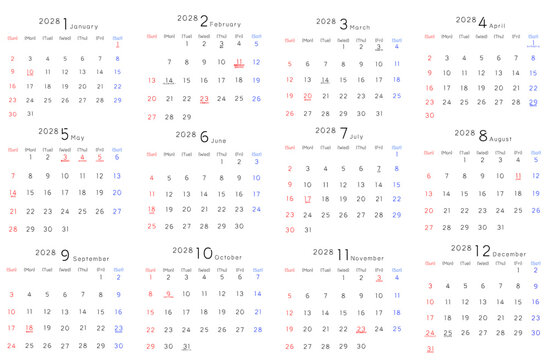 2028年間カレンダー1月〜12月曜英語　予定、リマインダー、ビジネス、スケジュール、メモ帳など