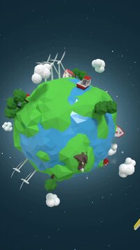 Vertical video: Blue sphere appearing then planet forming, rotating, showing life and wind power