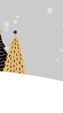 Vertical video: On load snowflakes drifting across gray sky, trees static left for holiday feel