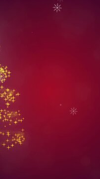Vertical video: lower-left sparkles appearing into gold tree, snow drifting on deep red for card