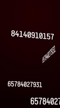 Vertical video: Bright fragment starting white digits floating, rotating across maroon to show data