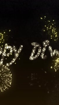 Vertical video: Top sparks appearing pulsing forming festive cursive greeting as fireworks bursting