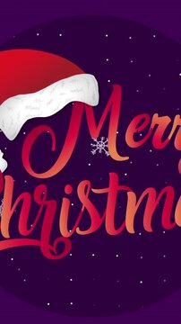 Vertical video: Santa hat entering left revealing Merry Christmas script sliding and flakes falling