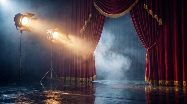 Empty stage entrance with spotlights cutting through haze and smoke