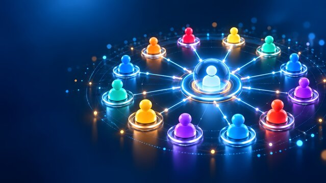 Conceptual 3D illustration of a social network or organizational structure featuring colorful human avatar icons connected to a central hub leader by glowing neon lines on a dark blue background.