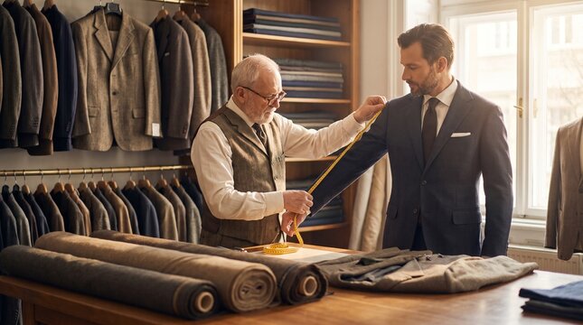 Master tailor measuring client's arm for custom suit fitting in atelier