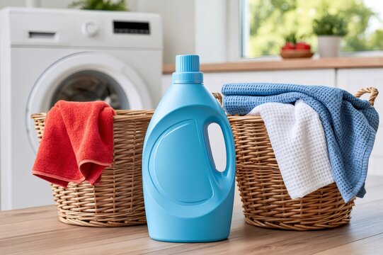Blue laundry detergent bottle with towels and wicker baskets in a bright laundry room