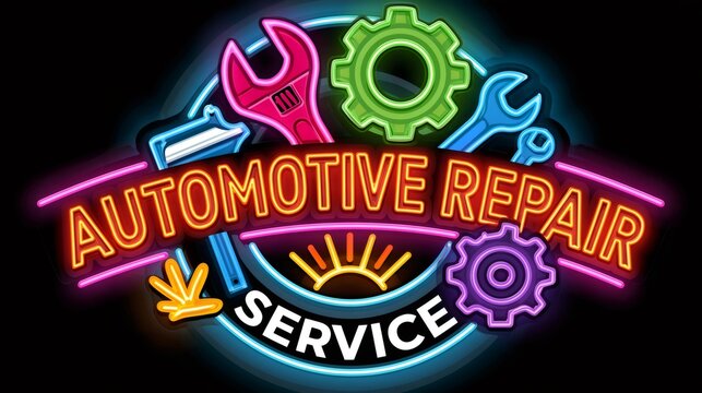 Neon automotive repair service sign with tools and gears