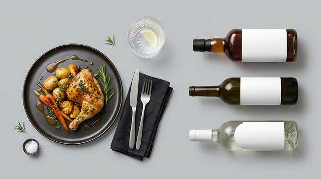 Baked chicken leg quarter with potatoes and carrots on a black plate with three wine bottles nearby.
