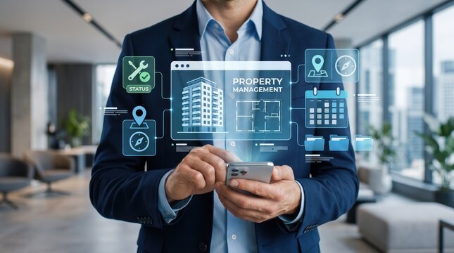 Businessman using smartphone with property management holographic interface showing building graphics, floor plans, calendar and location icons in modern corporate office interior workspace