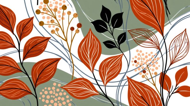Botanical foliage pattern with abstract autumn leaves and earthy colors