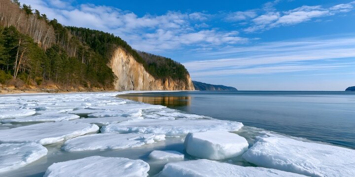 Lake Baikal winter landscape showing floating ice floes and cliffs