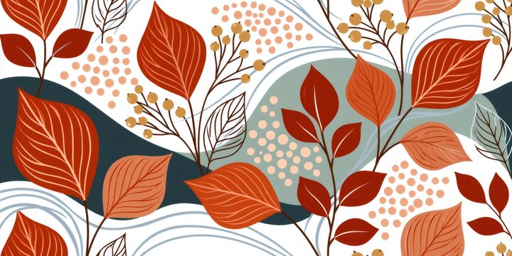 Autumn botanical pattern with leaves, berries and flowing abstract waves