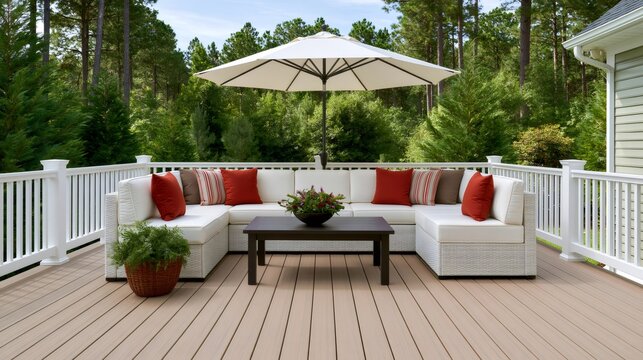 Wicker sectional patio furniture beneath a shade umbrella
