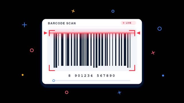 Digital barcode scanning interface with red laser scanner line and abstract symbols on dark background.