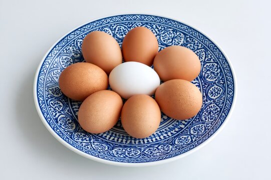 Brown eggs surrounding a white egg on an ornate blue and white plate