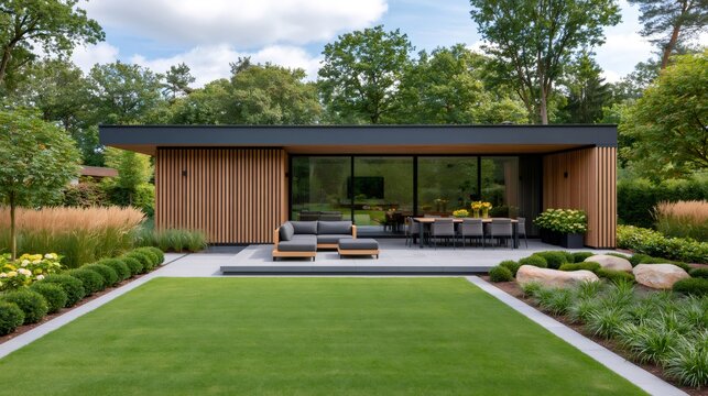 Modern minimalist house with timber facade and landscaped garden patio