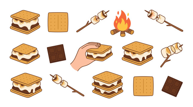 Vector illustration of s'mores and marshmallows with campfire elements