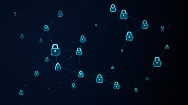 Cyber security network background: digital padlocks connected by glowing data lines for data protection and privacy concepts