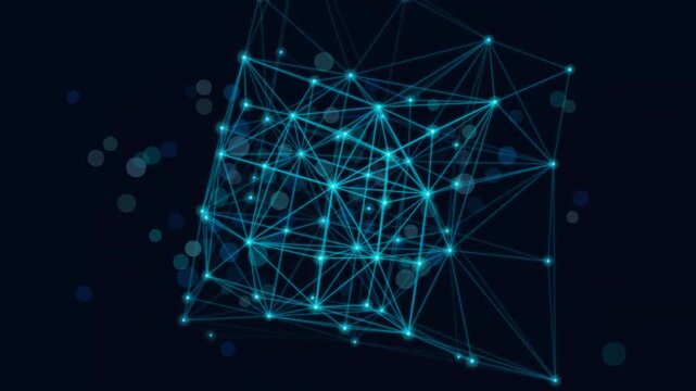 Abstract digital network cube with glowing nodes and connecting lines, futuristic technology background, for data science, and connectivity concepts