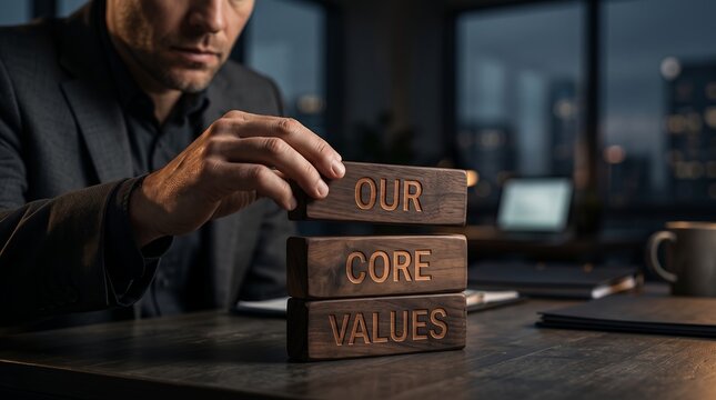 Professional man assembling wooden blocks engraved with core values in office business strategy management integrity leadership