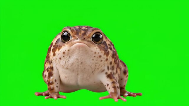 Cute chubby brown spotted frog with large glossy eyes sitting and looking forward, adorable cartoon style amphibian isolated on bright green screen background