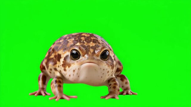 Cute chubby brown spotted frog with large glossy eyes sitting and looking forward, adorable cartoon style amphibian isolated on bright green screen background