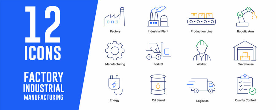 Factory Industrial Manufacturing icon set. Contains icons related to Factory, industrial plant, and more. Editable stroke. Vector illustration.