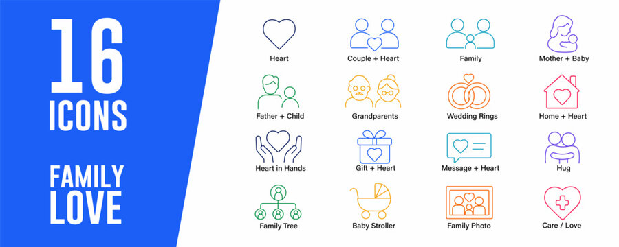 Family Love icon set. Contains icons related to Heart, couple + heart, and more. Editable stroke. Vector illustration.