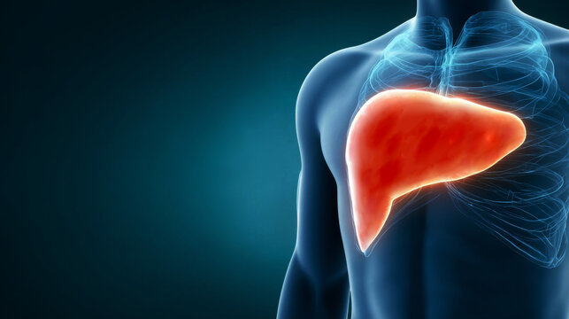 A 3D medical illustration of the human upper torso highlighting a glowing red liver inside a translucent blue body silhouette with visible ribcage structure.Medical news portals