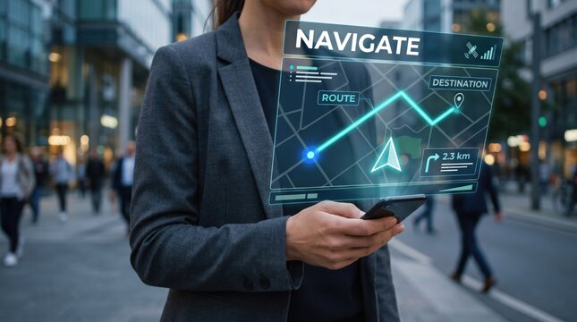 Futuristic augmented reality navigation interface displaying interactive mapping data floating above a modern smartphone held by a professional woman walking through a busy downtown city street