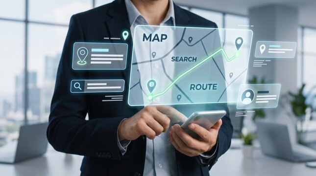 Futuristic holographic map interface with glowing navigation route and location pins above a smartphone in a modern office, representing advanced mobile GPS technology and data visualization