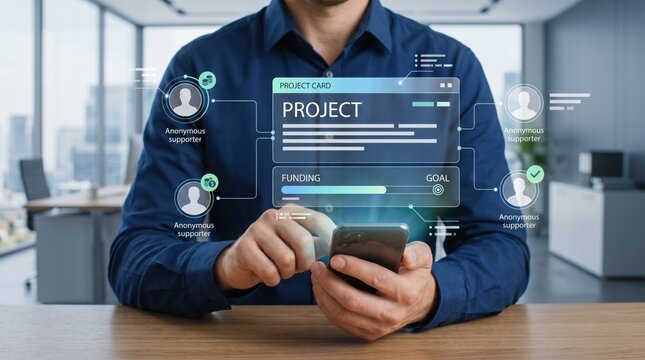 Man sitting at a wooden desk in a modern office interior holds a smartphone while a glowing futuristic holographic project card interface floats in mid air displaying funding progress and supporters