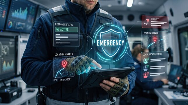 Security officer holding a tablet inside a high-tech control vehicle with glowing holographic user interface overlays displaying emergency response status location maps and communication panels