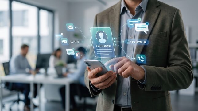 Businessman interacting with CRM software on a smartphone in a modern office, showing floating icons for customer contact management, communication tools, and follow-up notifications