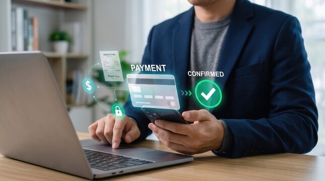 Businessman using a laptop and mobile phone to make an online payment with digital credit card graphics, security padlock, currency symbol, and confirmed checkmark floating in a modern office.