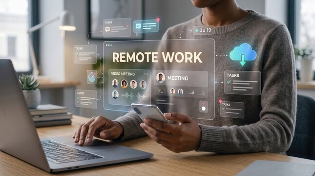 Remote work hologram interface with futuristic floating task lists, video meeting windows, cloud storage sync icons, and a smartphone held by a professional woman sitting at a desk with a laptop
