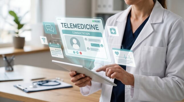 Telemedicine consultation concept featuring a female doctor in a white lab coat using a digital tablet with futuristic glowing holographic user interface screens and medical icons in a modern office