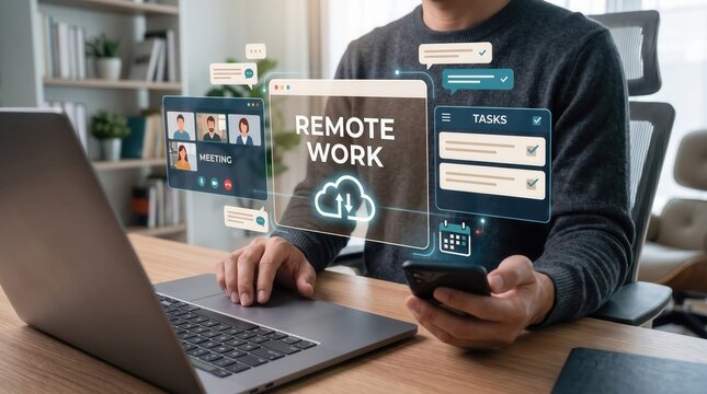 Professional working remotely with laptop and smartphone, surrounded by holographic digital icons for video meetings, task management, cloud storage, and messaging in a home office setting