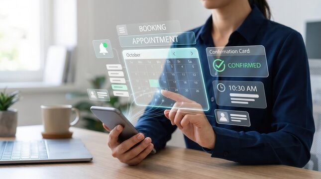 Woman using smartphone at desk with holographic projection of booking appointment calendar showing October dates confirmation card and time notifications in a modern office interior concept