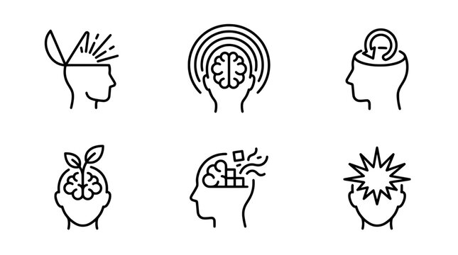 Mind icons set with brain growth, ideas, and thought processes for app and web