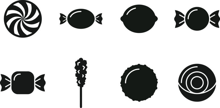 Minimalist black hard candy and lollipop icons set for confectionery design graphic