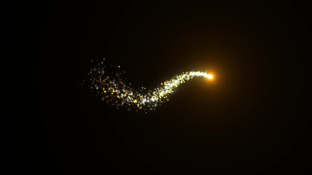 Golden glowing glitter star light trail animation with twinkling magic dust, glitter line shimmer with white twinkling particles, magic light fairy tail glitter particles, sparkling glitter line